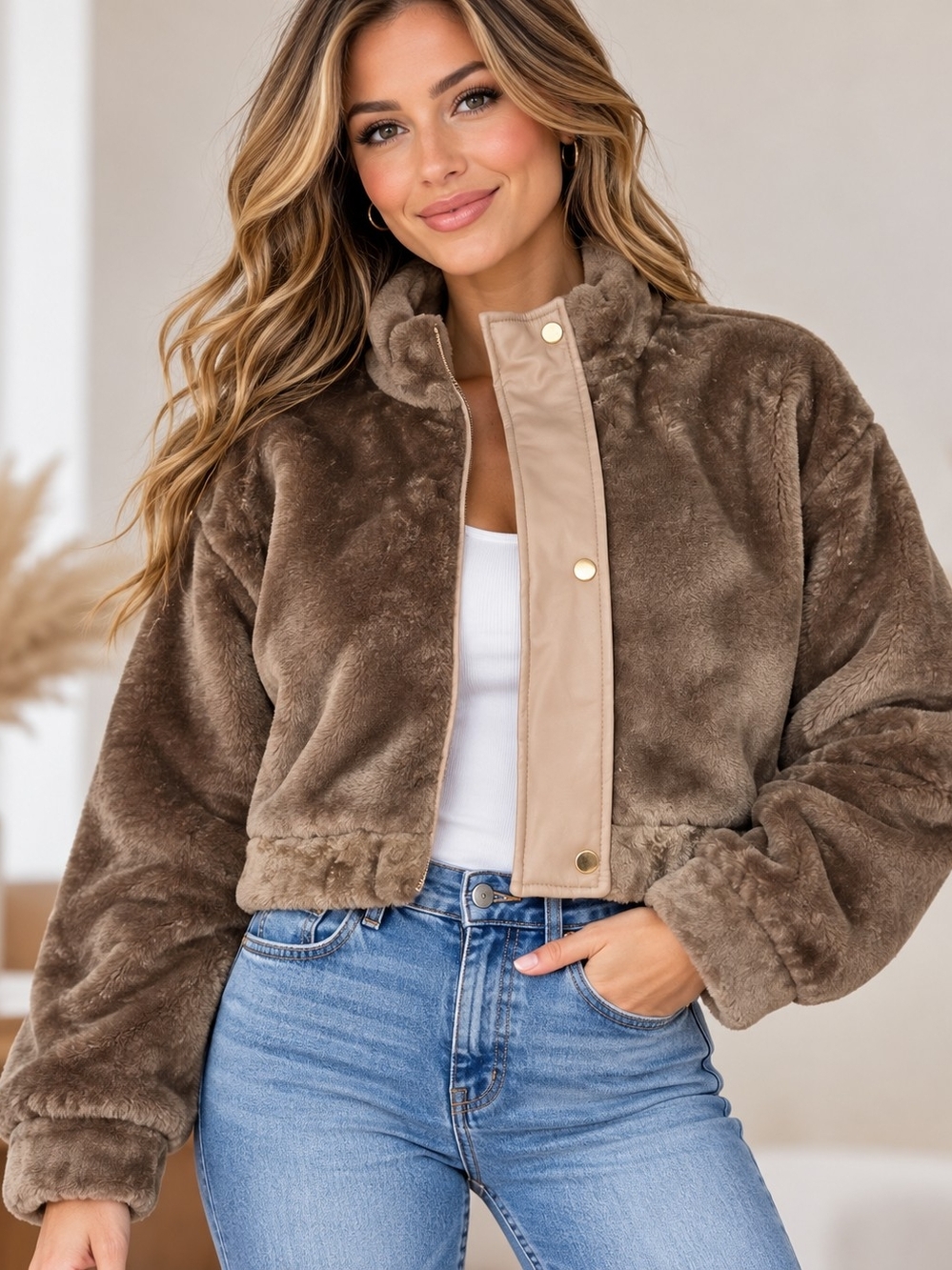 Kott Risk Women’s Large Brown Plush Faux Fur Sherpa Cropped Jacket Gold Snap